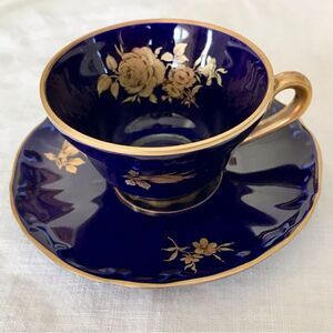 Bareuther Waldsassen Echt Cobalt Handarbeit Rose Demitasse Cup & Saucer Set 24kt